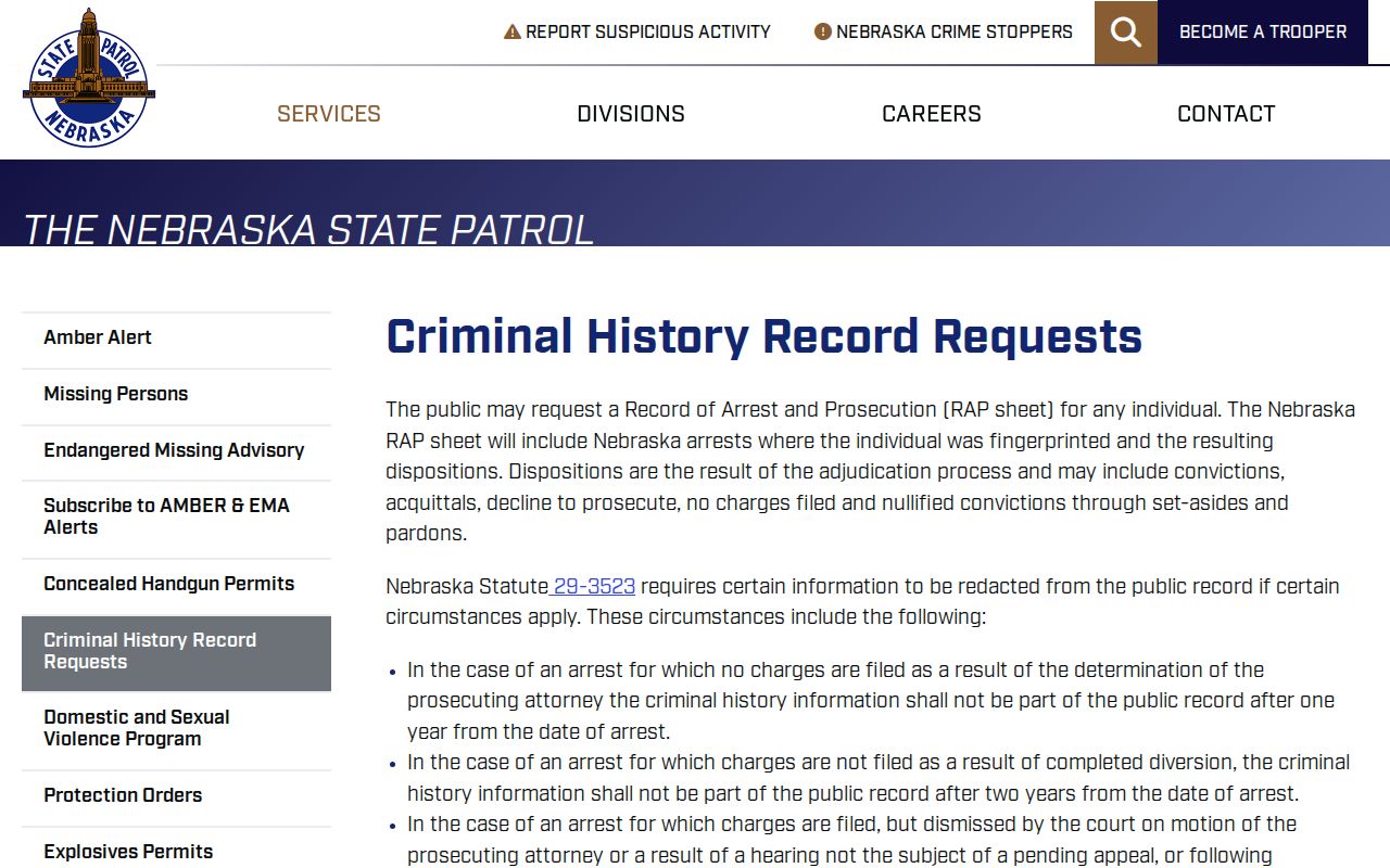 Brown County criminal history request choices from Nebraska State Patrol