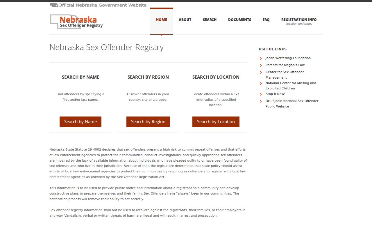 Brown County sex offender lookup through Nebraska registry home page